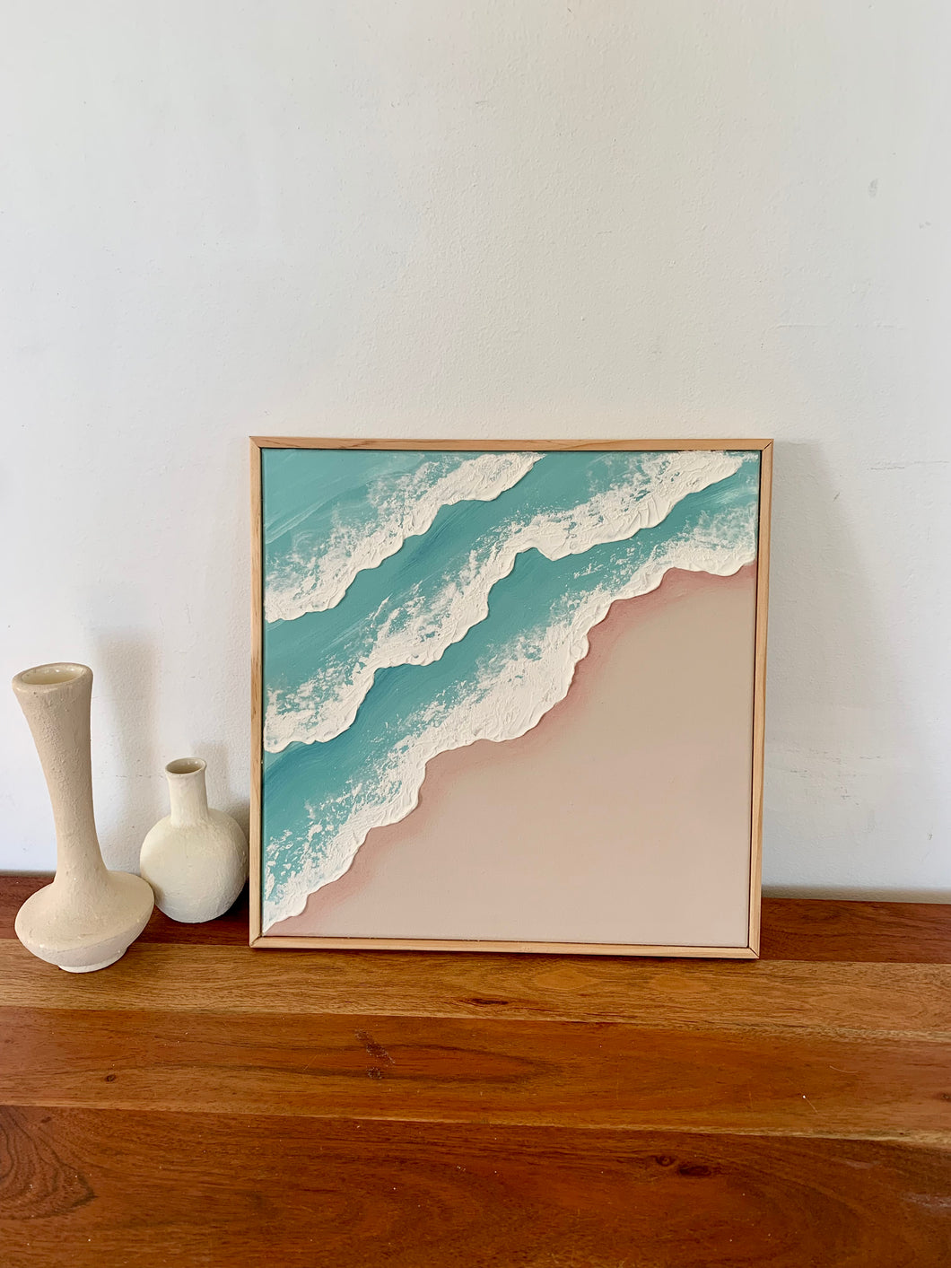 Textured beach- blue 12”x12” with frame